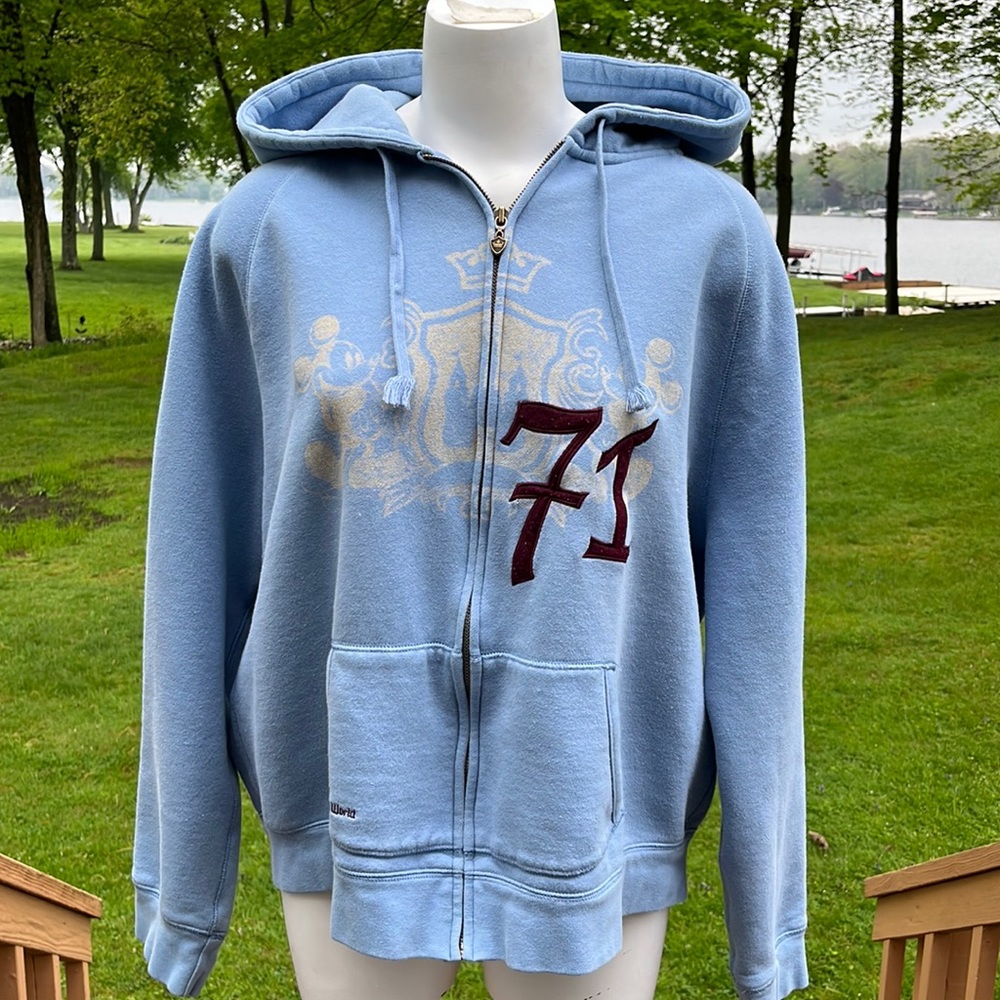 Light Blue Zip-Up Hoodie with 71 Graphic